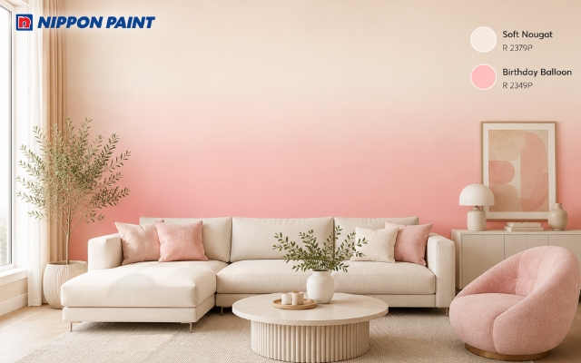 Phòng khách ứng dụng sơn ombre với sắc độ chuyển dần từ nhạt đến đậm