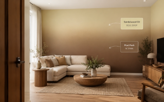 Phòng khách hiện đại với mảng tường ombre tông nâu be