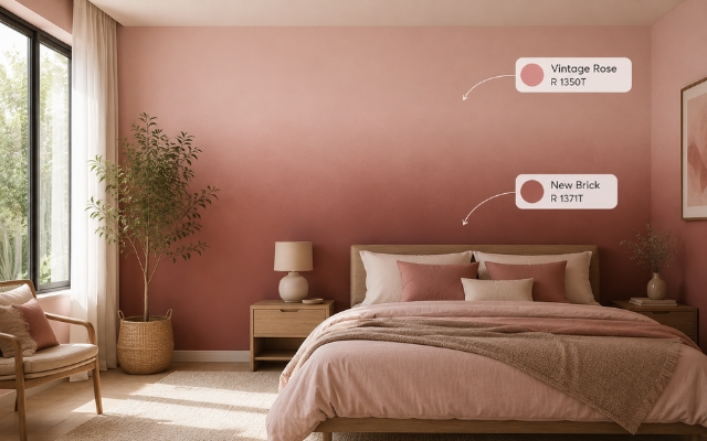 Sơn tường phòng ngủ ombre hồng đất kết hợp nội thất tối giản