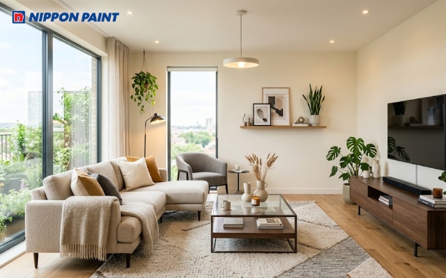 Sơn tường trắng ngà giúp không gian phòng khách sáng và thanh lịch hơn