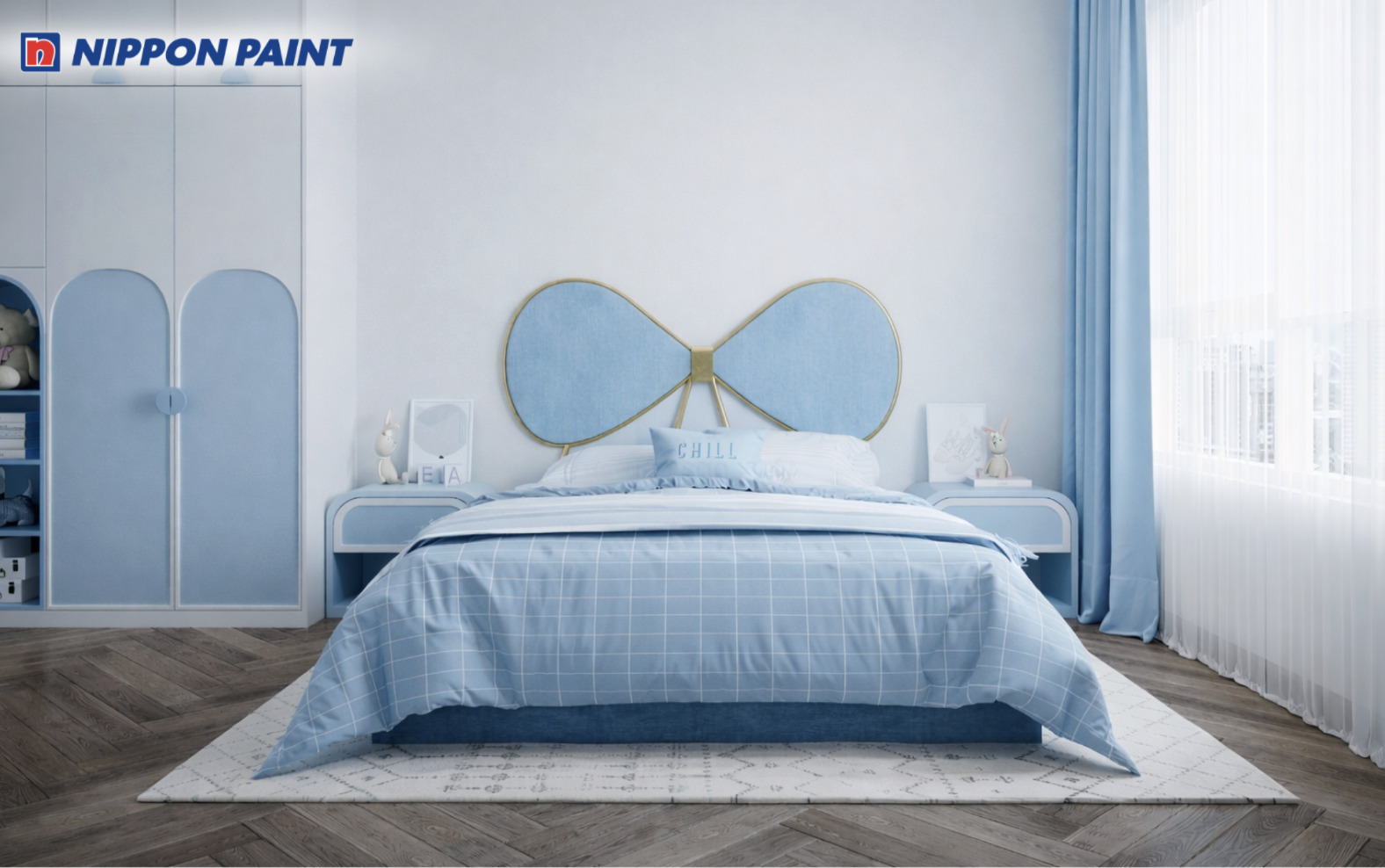 Pastel xanh dương pastel giúp không gian phòng ngủ nhẹ nhàng, dễ chịu và dễ đi vào giấc ngủ