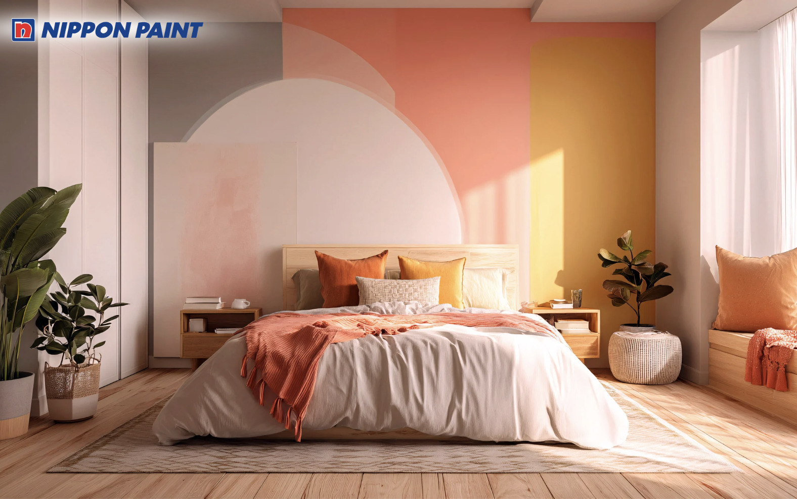 Phòng ngủ phối khéo léo các gam màu pastel nóng tạo cảm giác ấm áp, dễ chịu