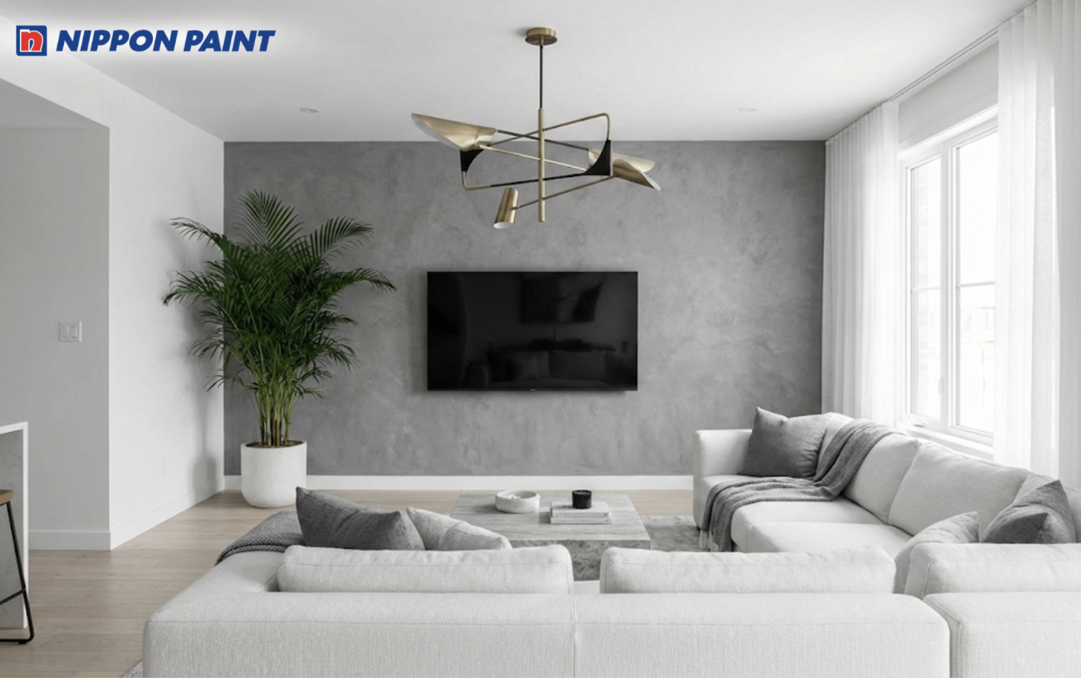 Ánh sáng tự nhiên kết hợp màu xám pastel giúp không gian phòng khách luôn dịu mắt và dễ chịu