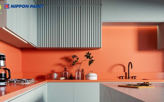 Mẫu 3: Bếp phối xanh lá, đỏ theo nguyên lý Mộc sinh Hỏa, tăng vượng khí