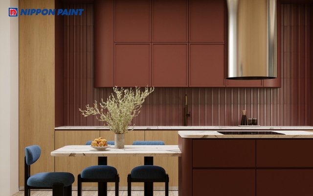 Mẫu 3: Tường bếp đỏ gạch, nâu theo Hỏa sinh Thổ, tăng tài lộc và may mắn