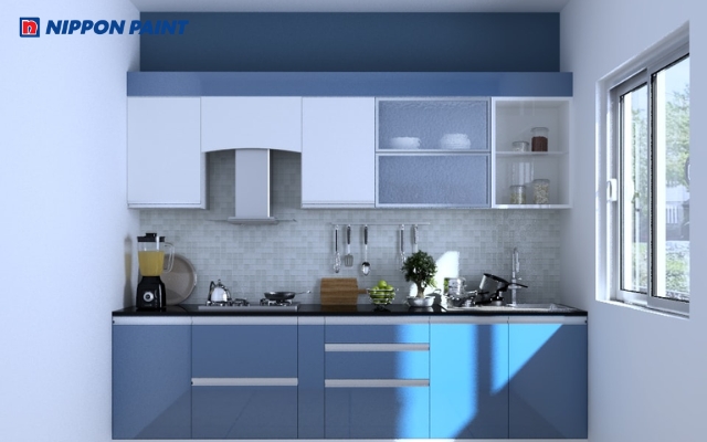 Mẫu 3: Bếp phối xanh dương pastel đem lại sự bình an và lưu thông năng lượng