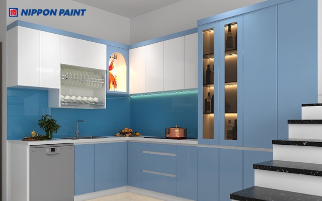 Mẫu 1: Phòng bếp xanh dương nhạt, hiện đại và thanh thoát