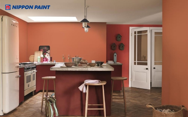 Mẫu 1: Bếp cam đất, đỏ nhạt tạo cảm giác ấm cúng, kích hoạt năng lượng Hỏa