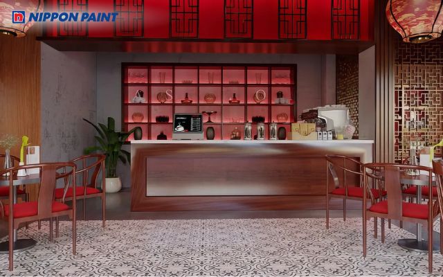 Quán cà phê Trung Hoa nổi bật bởi sự kết hợp giữa với màu xám nhạt và màu đỏ ấn tượng