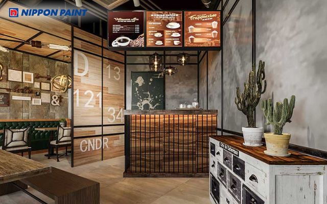 Không gian cá tính với màu sơn xám mờ và nội thất gỗ đậm chất công nghiệp