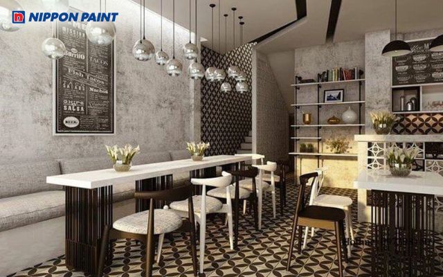 Lựa chọn màu sơn cho quán cà phê với sắc xám sẽ làm không gian thanh lịch và sang trọng hơn