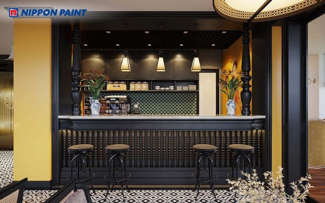 Không gian Đông Dương thanh lịch với tông vàng nghệ nổi bật và nội thất mây tre truyền thống