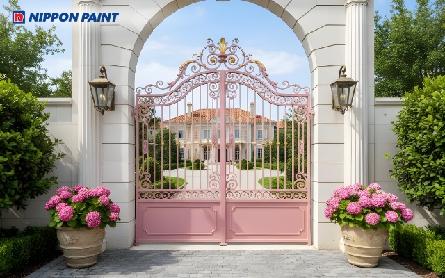 Cổng màu hồng tạo cảm giác tươi trẻ và phù hợp với gia chủ mệnh Thổ