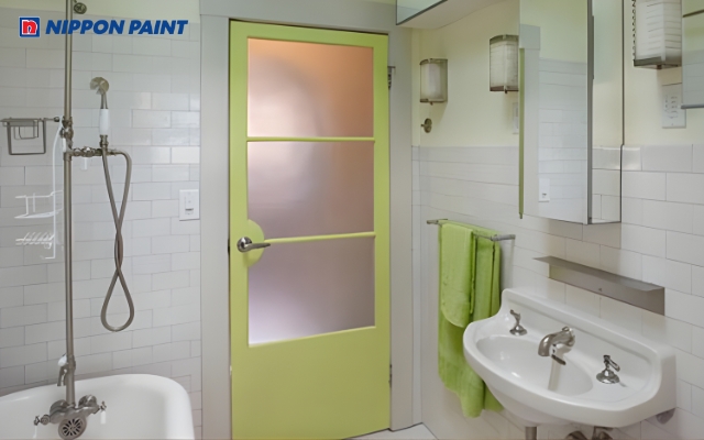 Mẫu 14: Cửa nhôm kính xanh nhạt tạo cảm giác nhã nhặn, trong lành và thanh mát cho không gian phòng tắm