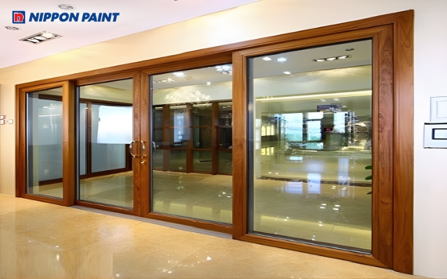 Mẫu 13: Cửa ra vào nhôm kính sơn khung màu nâu giả gỗ toát lên sự sang trọng, ấm áp, tĩnh lặng