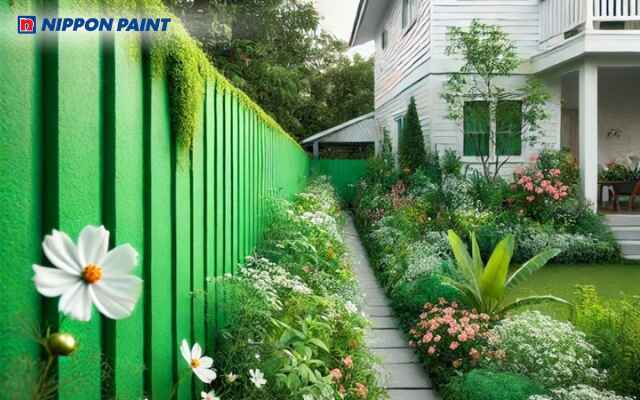 Hàng rào bê tông màu xanh lá, điểm nhấn sinh động và hài hòa với cây xanh xung quanh