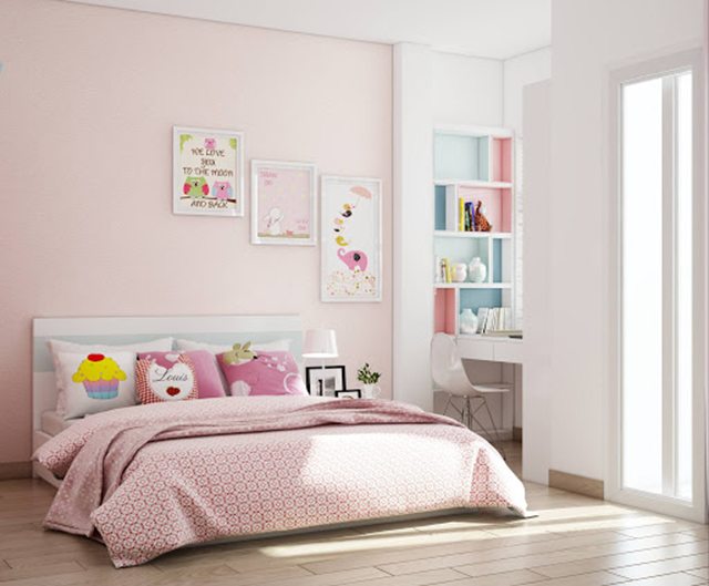 Đơn giản nhưng không kém phần độc đáo với sự kết hợp giữa màu sơn hồng phấn và họa tiết của tranh treo tường.