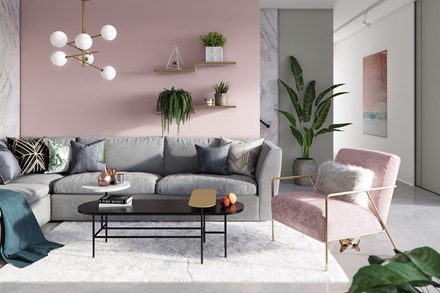 Màu hồng phấn kết hợp với màu ghi xám cùng màu xanh của nội thất trang trí tạo nên nét chấm phá tinh tế, sang trọng.