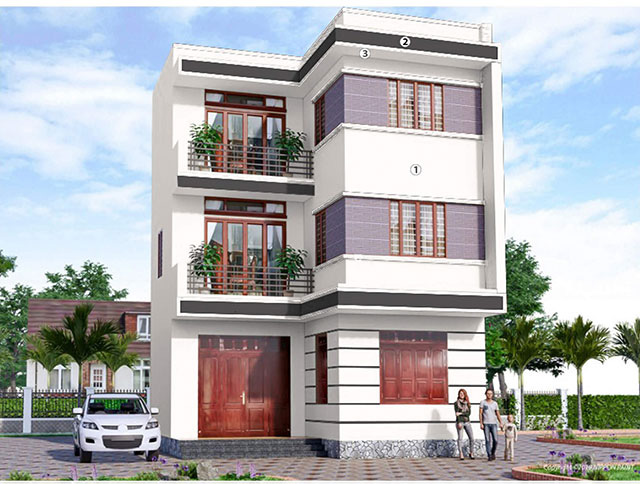 Mẫu 1: Sơn mặt tiền nhà màu trắng kem 3 tầng kết hợp màu cumberland
