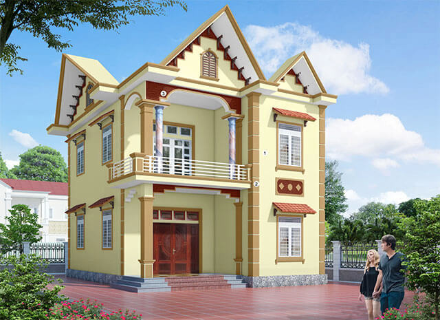 Căn nhà sơn mặt tiền sơn theo nguyên tắc 60 - 30 - 10 với 60% màu vàng, 30% màu cam và 10% màu đỏ