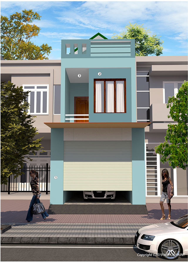 Phối màu sơn mặt tiền nhà ống 2 tầng màu 63P - 1P và 63C - 3D