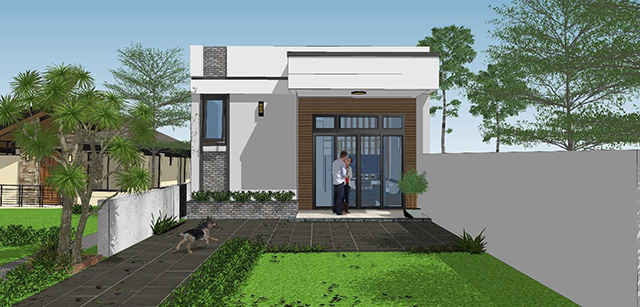 Mẫu 25: Mặt tiền nhà cấp 4 sơn trắng, ghi xám và nâu gỗ tạo vẻ đẹp giản dị cho gia chủ