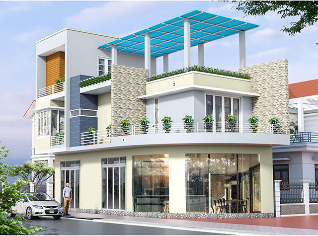 Mẫu 38: Mặt tiền biệt thự sơn màu Aquapeak và Blue Snow tạo vẻ sang trọng, dịu mát