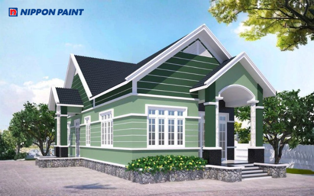 Mẫu 17: Xanh rêu mang vẻ ấm áp, sâu sắc và gần gũi thiên nhiên cho mặt tiền