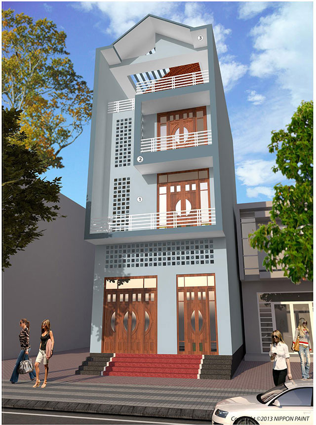 Phối sơn mặt tiền màu xanh (73B - 2T) và ghi xám (73C - 1P) mang tới vẻ sang trọng, hiện đại.