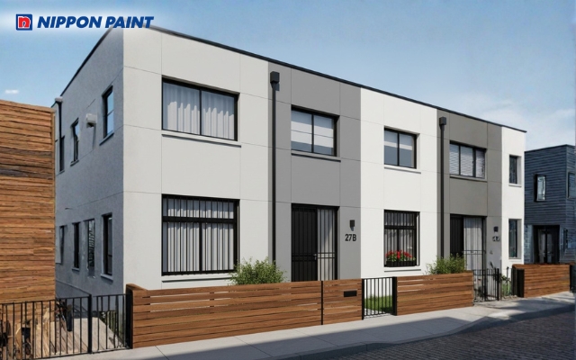 Phối màu xám và trắng giúp mặt tiền nổi bật mà vẫn hài hòa, dễ chịu với mắt nhìn từ xa