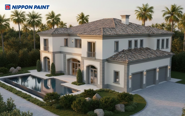 Phối màu trắng kem và xám tạo nên vẻ sang trọng, kết hợp hài hòa giữa ánh sáng và vật liệu kiến trúc