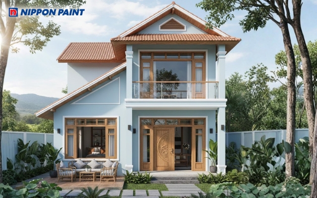 Sắc xanh dương mang đến cảm giác bình yên và chiều sâu cho mặt tiền