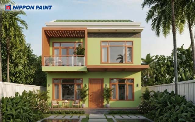 Ngoại thất xanh - nâu gỗ tạo cảm giác gần gũi, tinh tế và phù hợp bản mệnh Mộc