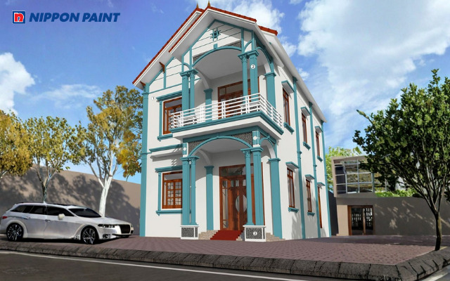 Mẫu 3: Màu xanh ngọc tạo cảm giác nhẹ nhàng, thanh thoát cho mặt tiền