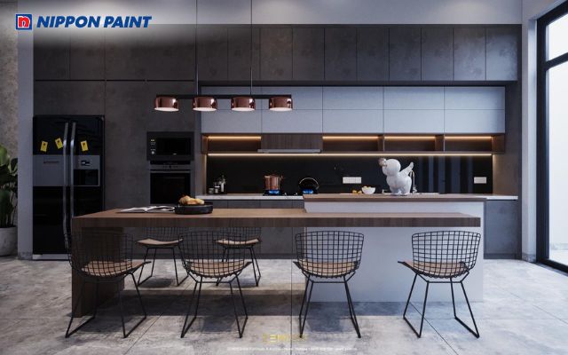 Tông màu đen mờ tạo nên một không gian phòng bếp mạnh mẽ, tối giản và tinh tế