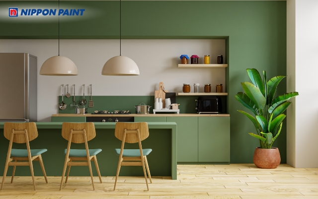 Xanh lá là một trong những màu sơn nhà bếp nổi bật, khiến không gian thêm sinh động hơn 