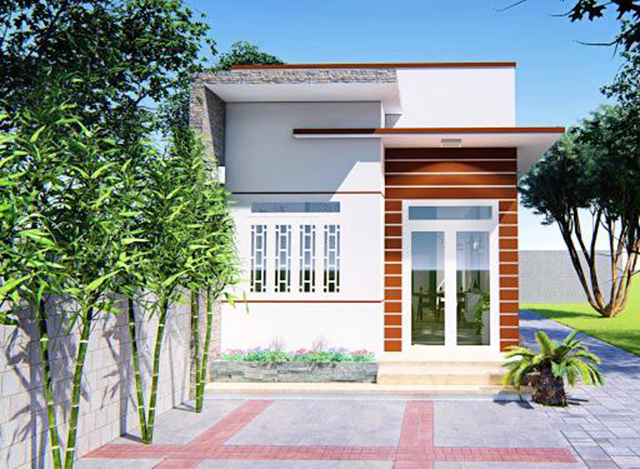 Nhờ sử dụng màu nâu, xám giả đá làm điểm nhấn trên nền màu trắng mà căn nhà cấp 4 trông nổi bật, thu hút hơn