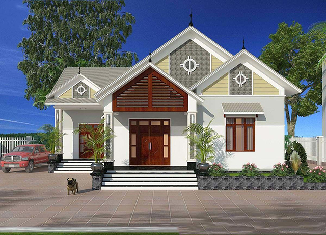 Căn nhà cấp 4 mang vẻ đẹp hài hòa, thanh lịch với màu trắng làm chủ đạo kết hợp với màu xám sáng và màu rêu nhạt, nâu gỗ làm điểm nhấn