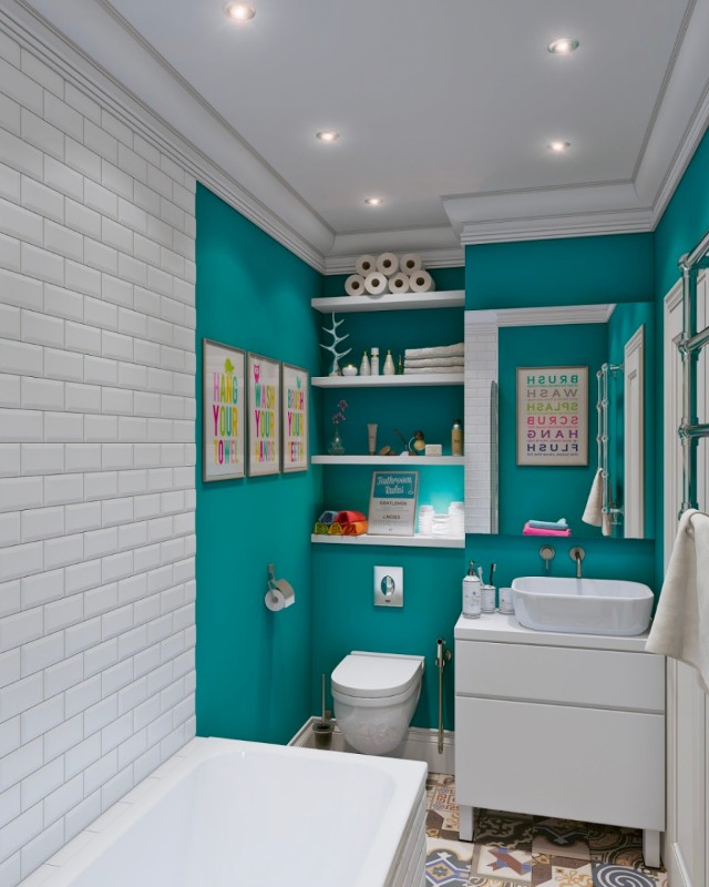 màu sơn nhà tắm xanh ngọc kết hợp cùng tông màu trắng đơn giản nhưng hài hoà