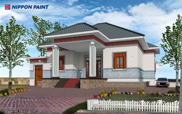 Mẫu 9: Nhà với màu Nippon GR-04 nhã nhặn, điểm nhấn Labrador Blue và cổ mái Red Highland