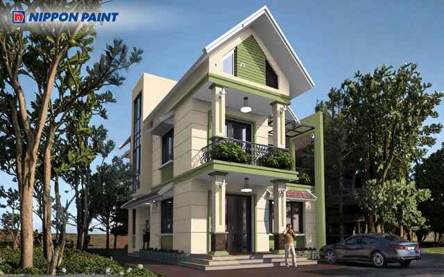 Mẫu 2: Tường Eva thanh nhã, nhấn Alphalpha xanh mát dưới mái, căn nhà thêm nổi bật