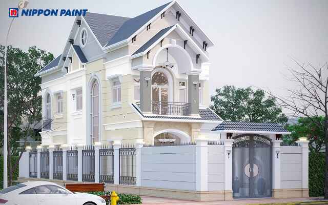 Mẫu 3: Ngoại thất Ermine White chủ đạo, viền White BS 9102, cột sảnh Dauphin Gray nổi bật