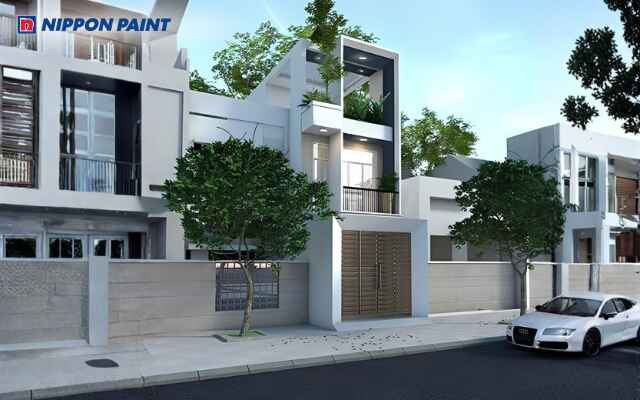 Mẫu 8: Ngoại thất trắng kết hợp giả đá nâu làm nổi bật khu vườn và mái nhà