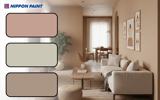 Phòng khách nhà ống ấm cúng với gam màu đất