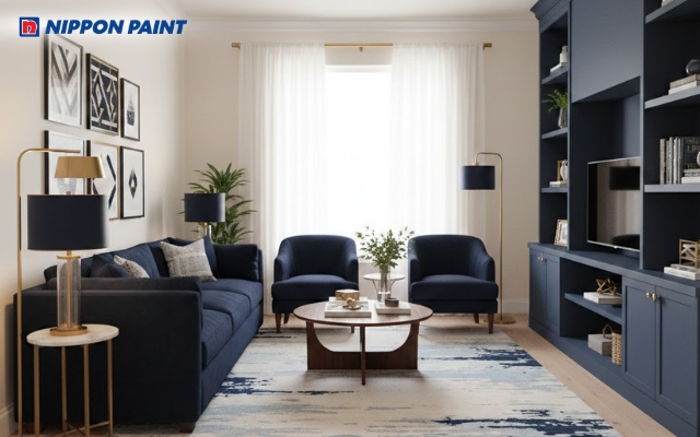 Có thể ứng dụng các gam màu đậm để làm điểm nhấn cho phòng khách nhà ống thêm ấn tượng