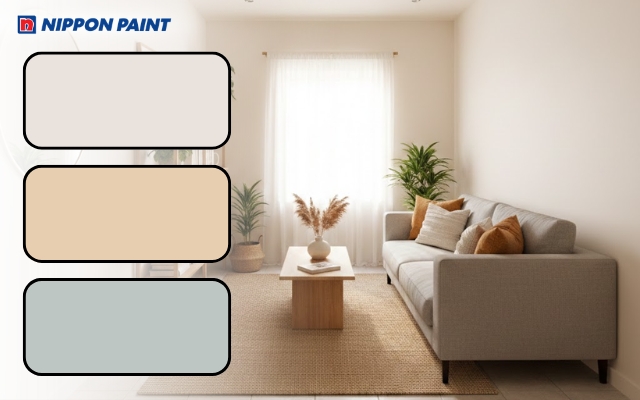 Phòng khách nhà ống có thể ứng dụng gam màu trung tính sáng như trắng ấm, xám hoặc be nhẹ nhàng