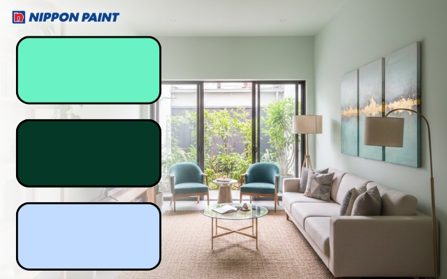 Ưu tiên chọn gam màu xanh ngọc, xanh lục, xanh lam nhẹ,... để không gian phòng khách có chiều sâu