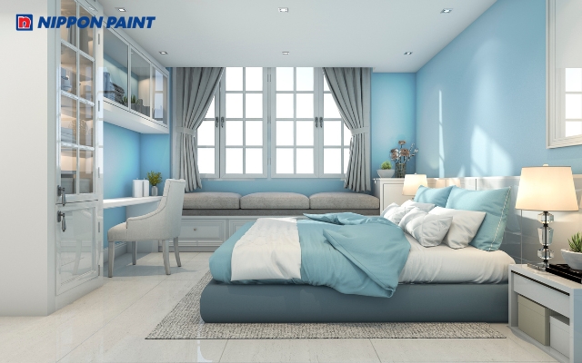 Góc học tập sáng sủa với tường xanh lam cho bé trai 1 - 12 tuổi