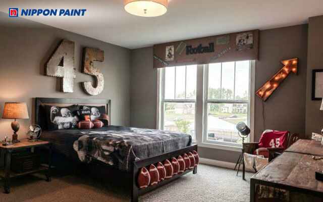 Màu ghi sáng mang lại không gian vui tươi, dễ phối hợp và gọn gàng cho bé trai