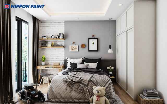 Phòng ngủ bé trai với màu sơn ghi sáng mang đến không gian hiện đại và tinh tế